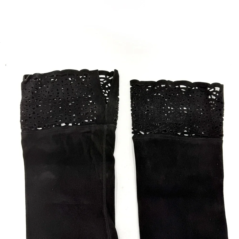 Manolo Blahnik Lape Thigh High Boots Black Suede Laser Cut Over the Knee 36 / 6